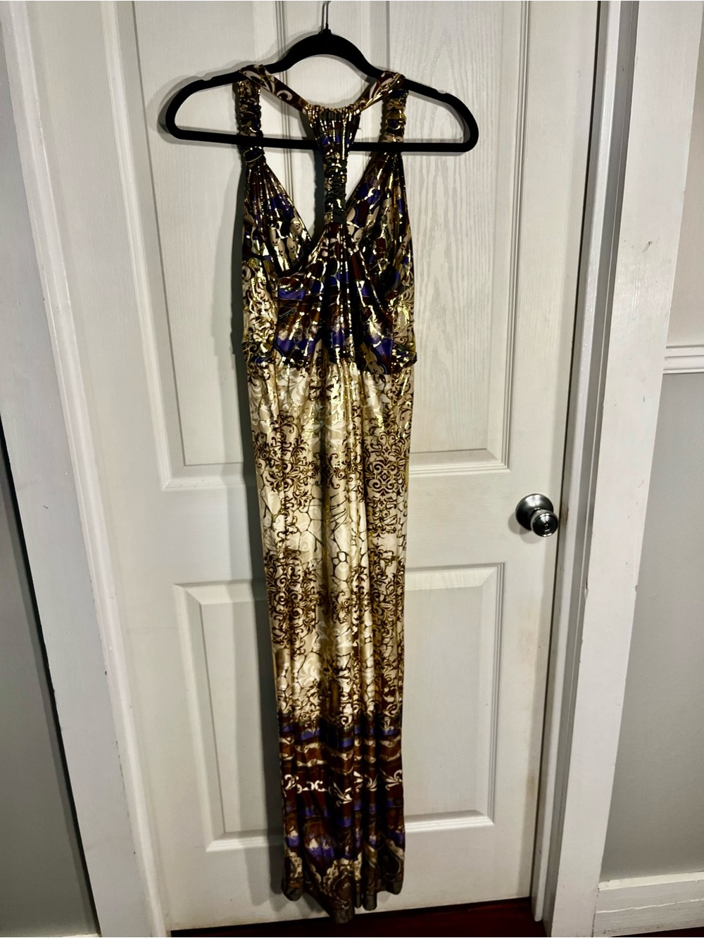 Shoreline Bohemian Printed Halter Maxi Dress - Beige, Purple & Gold foil S/M - Picture 12 of 16